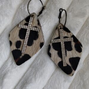 Sandra Ling. Leopard Print Cross Earrings
